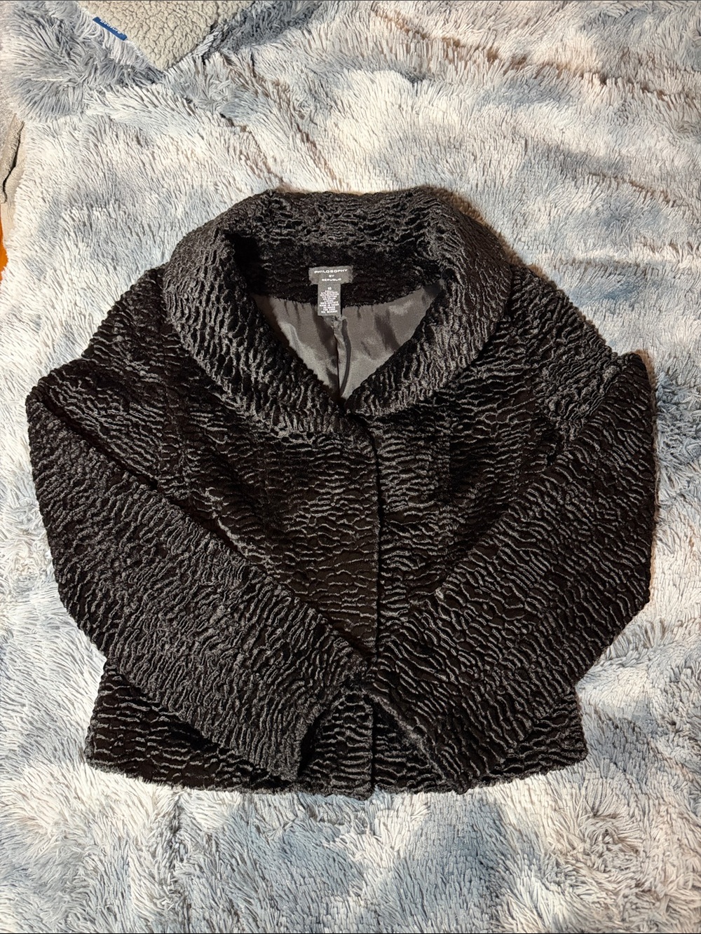 Philosophy Curly Faux Fur Cropped Jacket Shawl Collar Medium 10 Black Lined - Picture 10 of 10